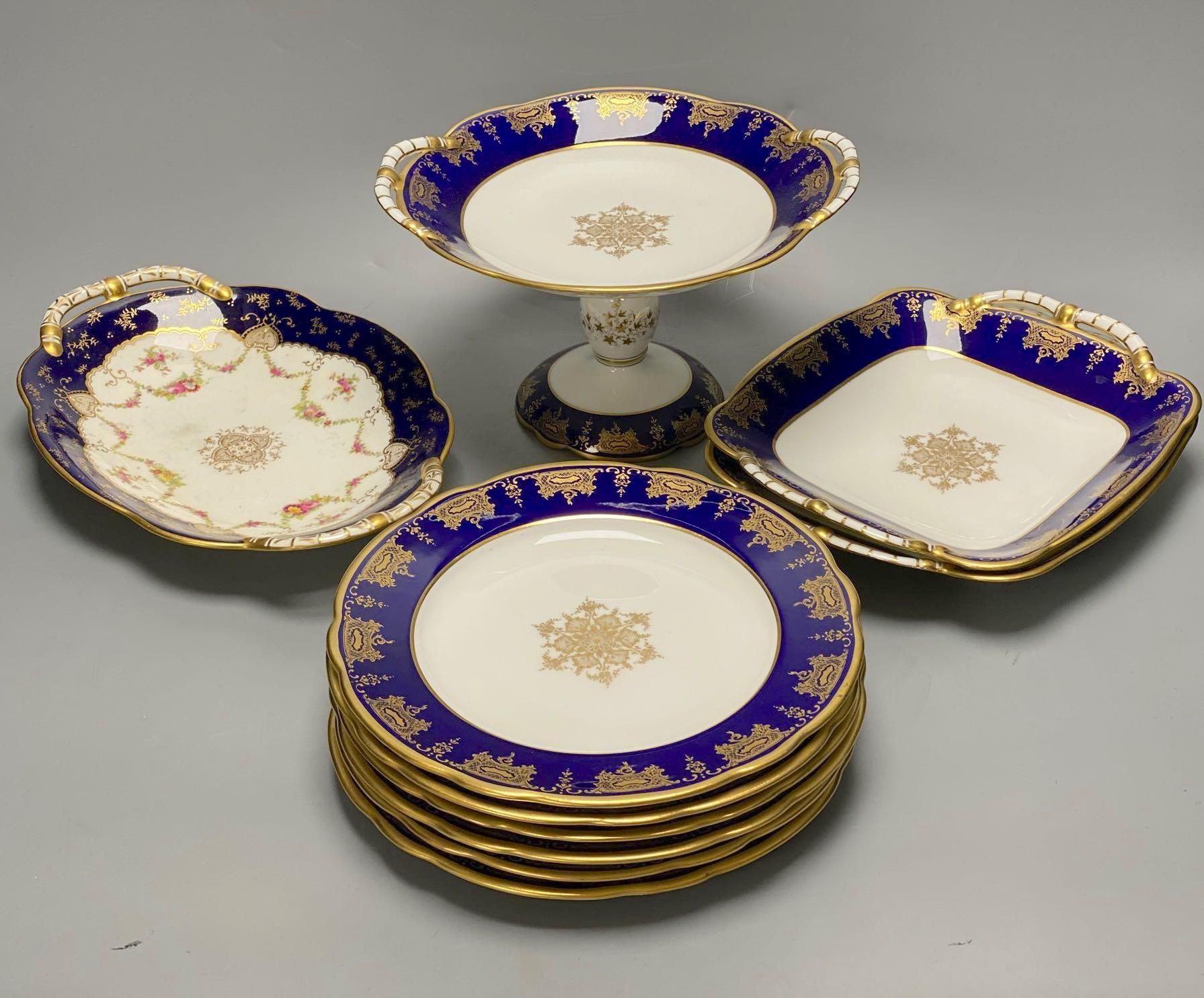 A Coalport bone china dessert service, pattern 8149 (18) and a Coalport two handled serving dish